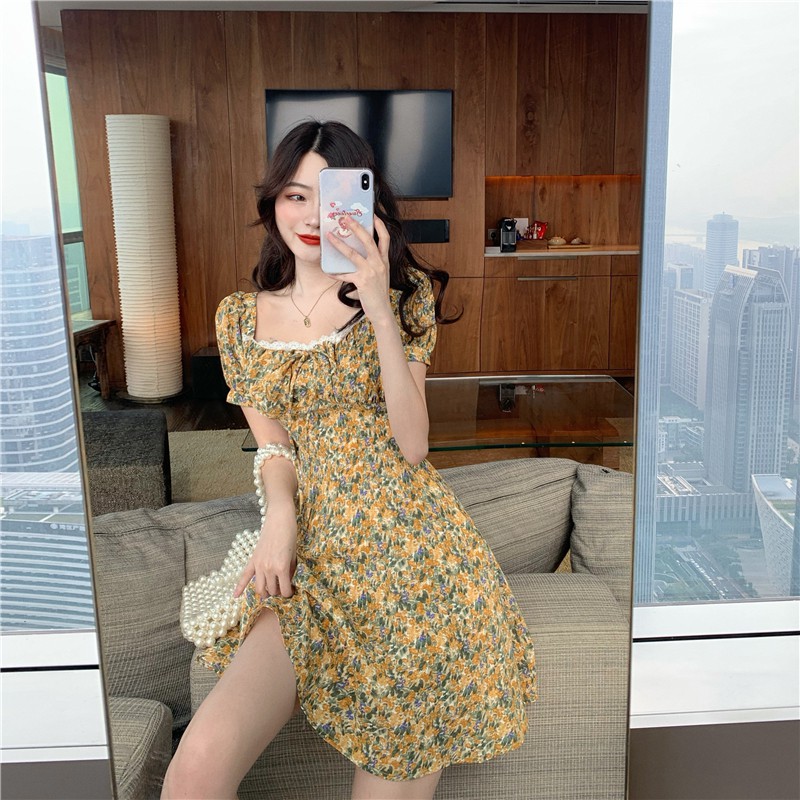 Xiaozhainv Đầm Cổ Vuông Tay Phồng Họa Tiết Hoa Xinh Xắn Phong Cách Retro Hàn Quốc | BigBuy360 - bigbuy360.vn
