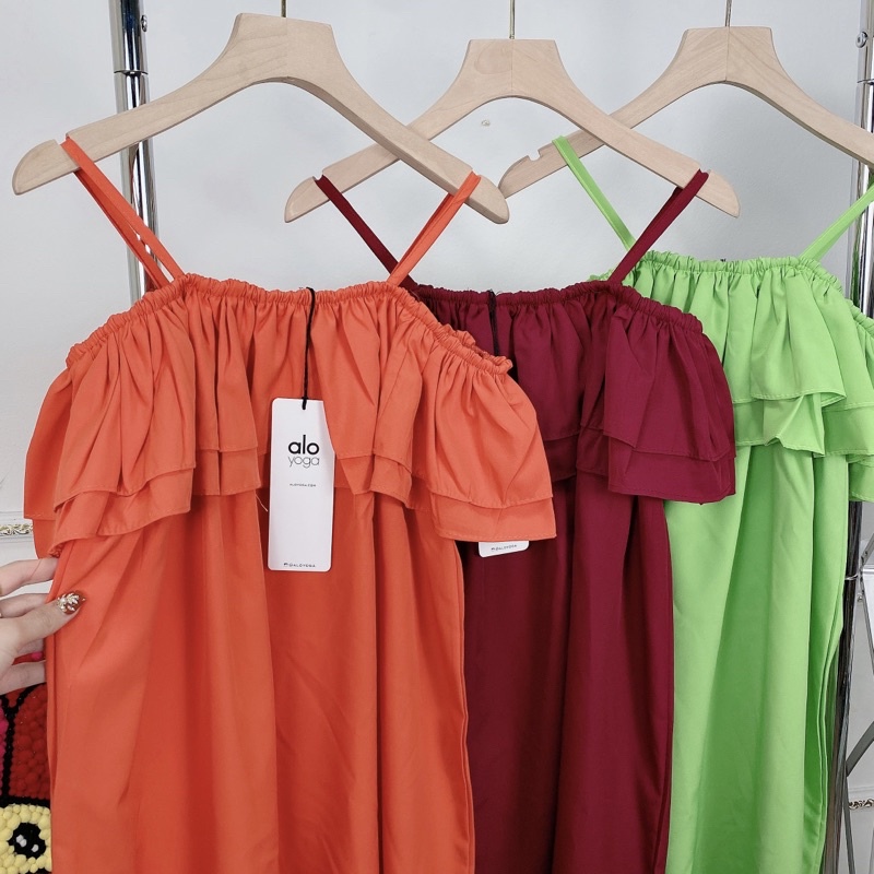 Váy maxi trễ vai 2 dây cánh tiên ngang vai chun bèo dáng dài babydoll suông thụng xoè bệt vai