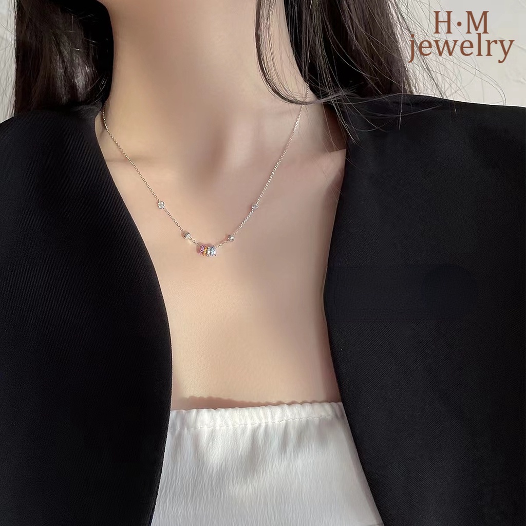 Vòng cổ Bạc 925 Mặt Vòng Tròn Đính Đá Cầu Vồng May Mắn