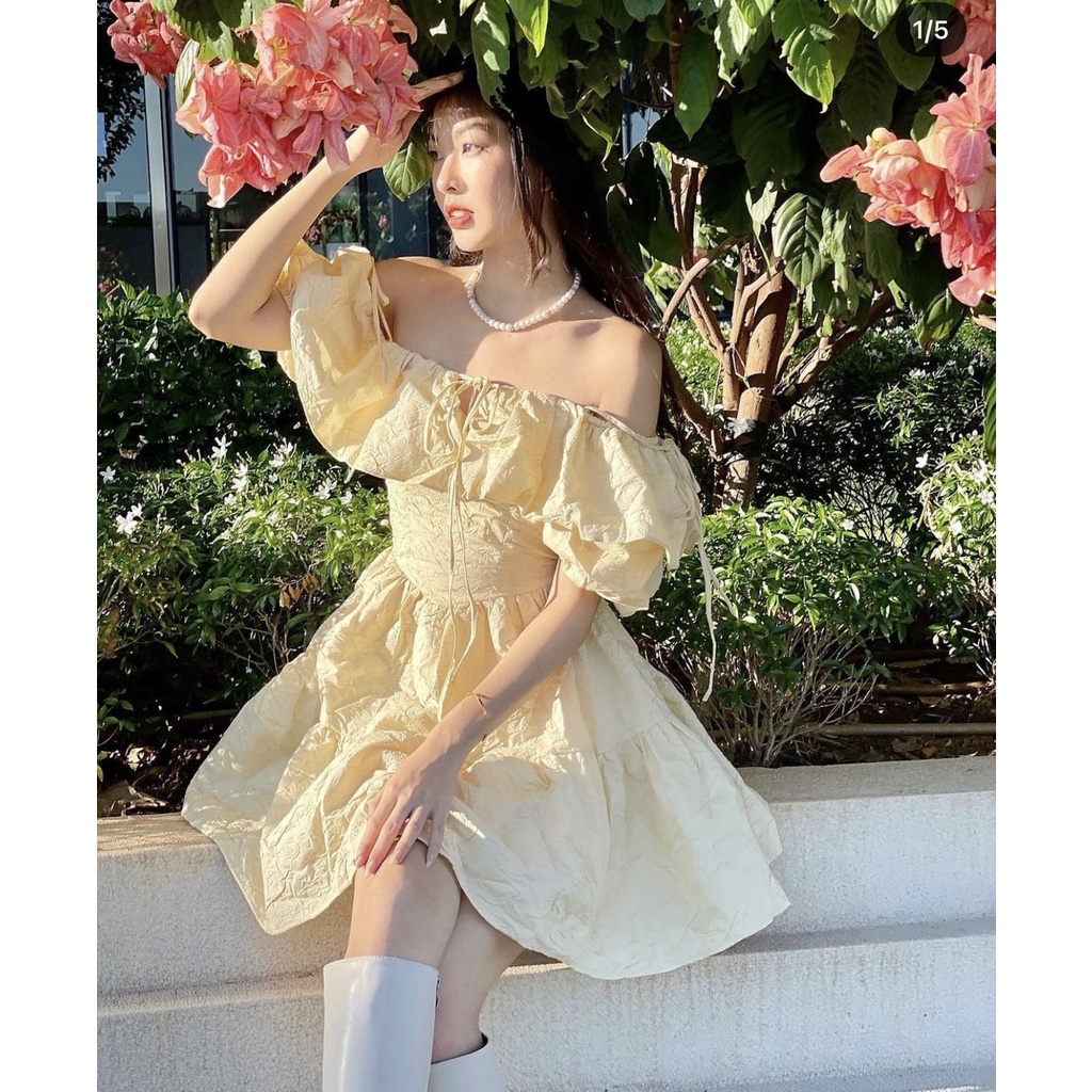 Đầm gấm rớt vai tay phồng dây cột 3M💖 KÈM ẢNH THẬT