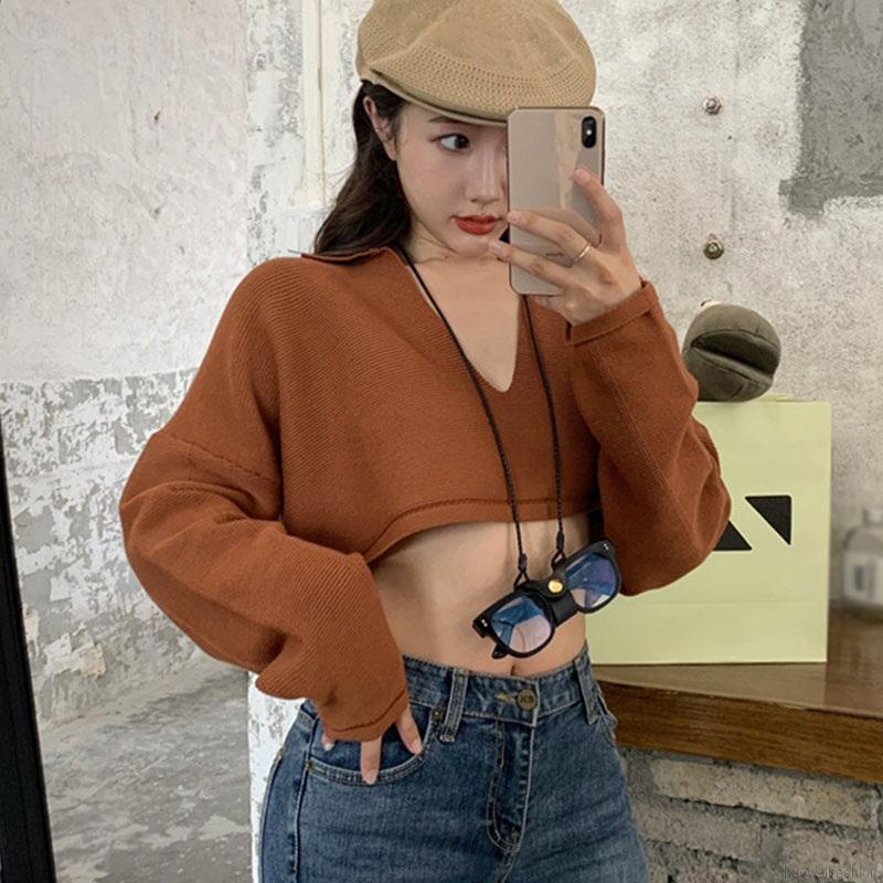 Áo Croptop Dệt Kim Tay Dài Thiết Kế Cổ Chữ V Màu Trơn Thanh Lịch