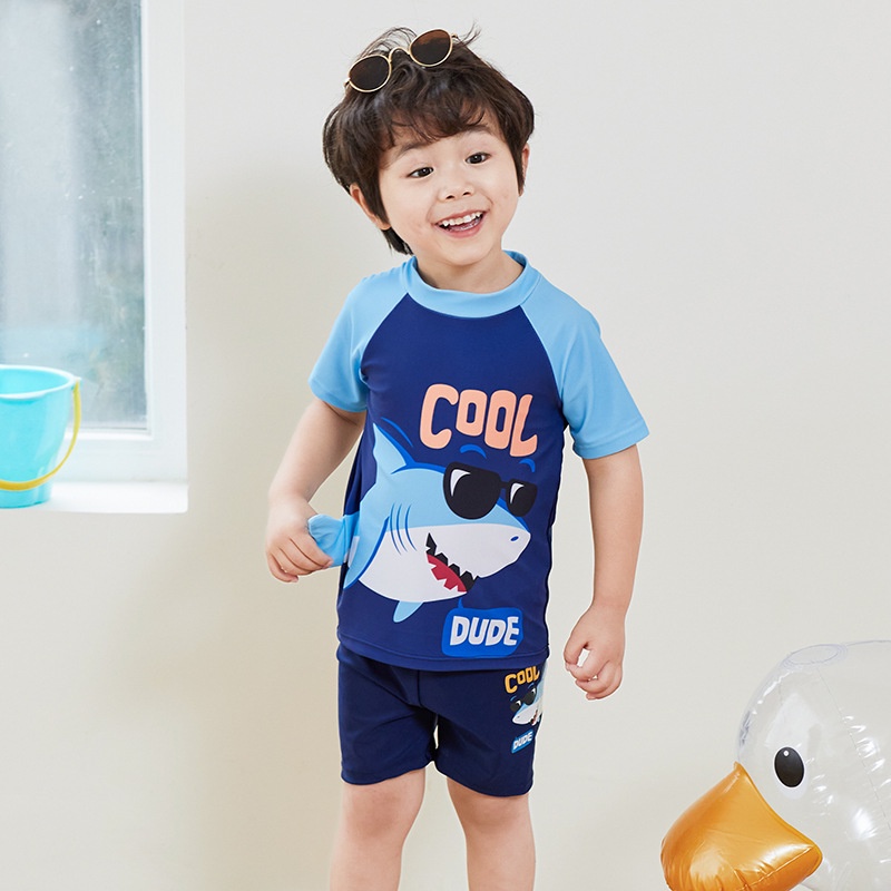 Bộ Đồ Bơi Hai Mảnh In Hình Cá Mập Hoạt Hình Mau Khô Dành Cho Bé Trai 2-10 Tuổi