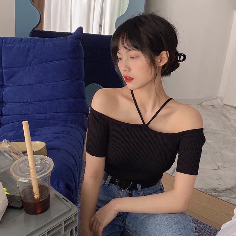 Áo trễ vai tay ngắn croptop quyến rũ