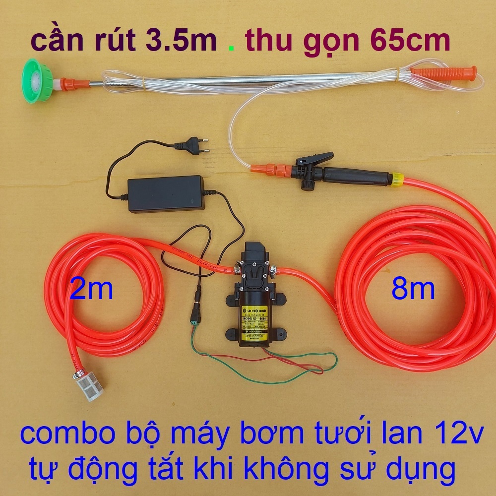 Bộ máy bơm mini phun tưới nước thuốc cho hoa lan và cây cảnh, bộ tưới lan 12v cần rút 3.5m