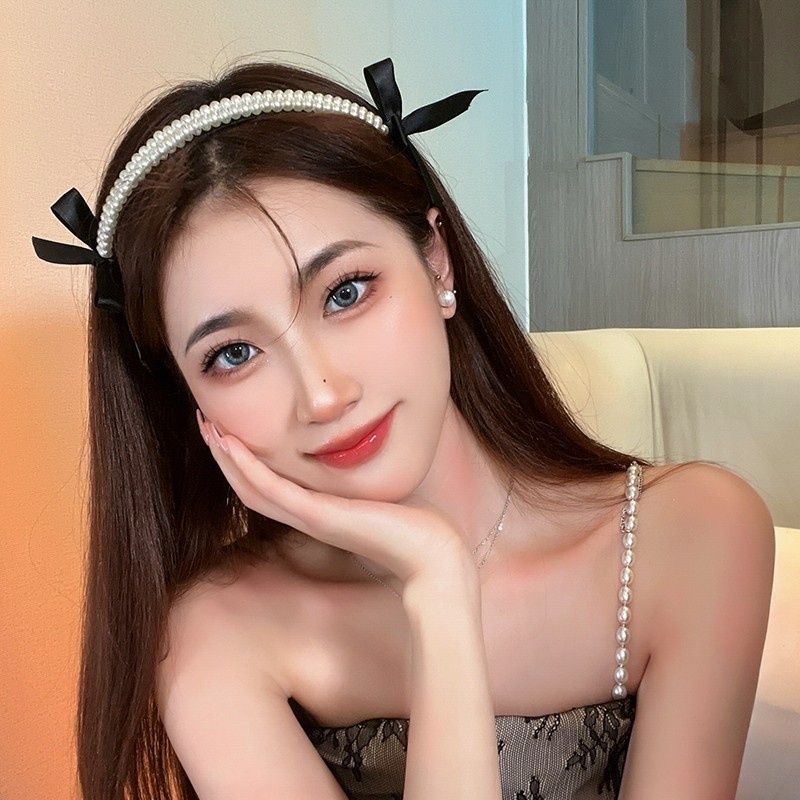 Băng Đô Nơ Đính Ngọc Trai Nhân Tạo Màu Đen Thanh Lịch Cá Tính Dành Cho Nữ