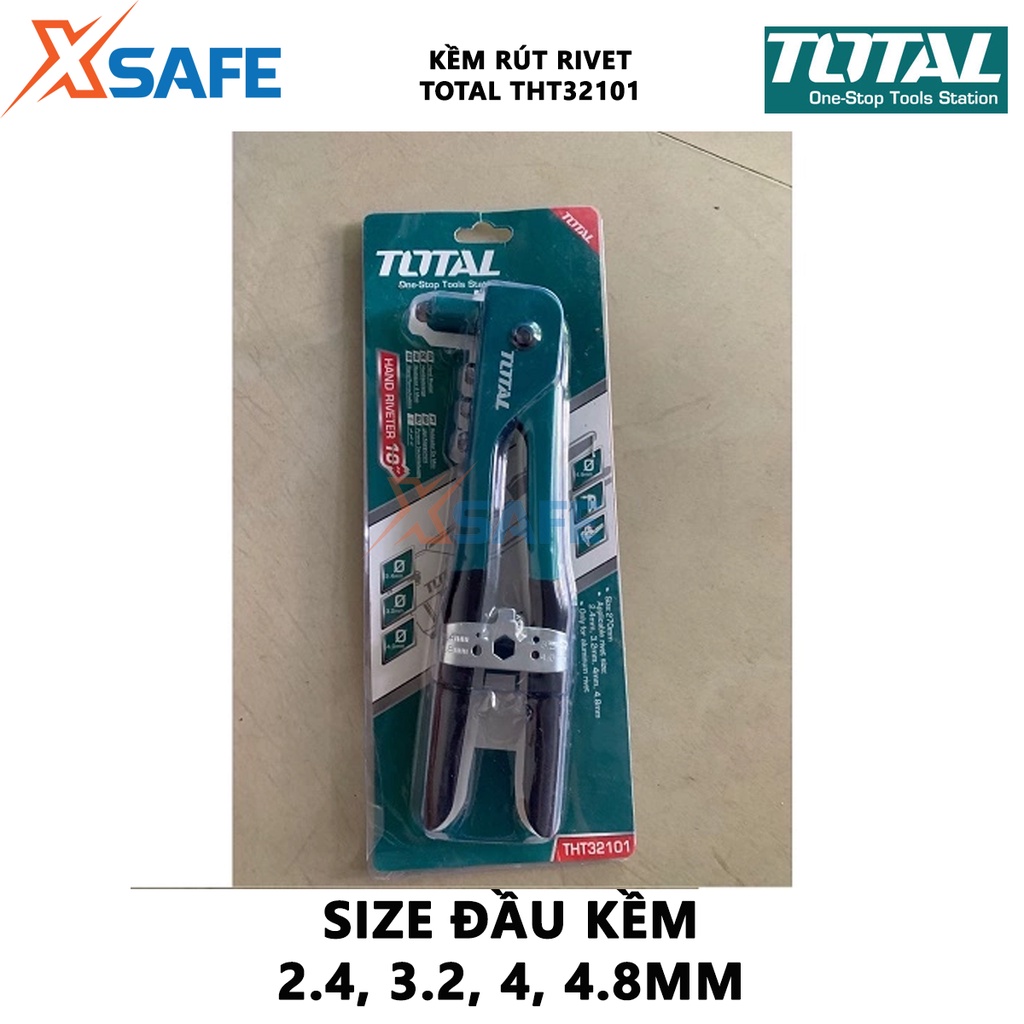 Kềm rút rivet, đinh tán TOTAL THT32101 chiều dài 260mm/10&quot;, đầu kềm gồm các size 2.4mm, 3.2mm, 4mm, 4.8mm - chính hãng