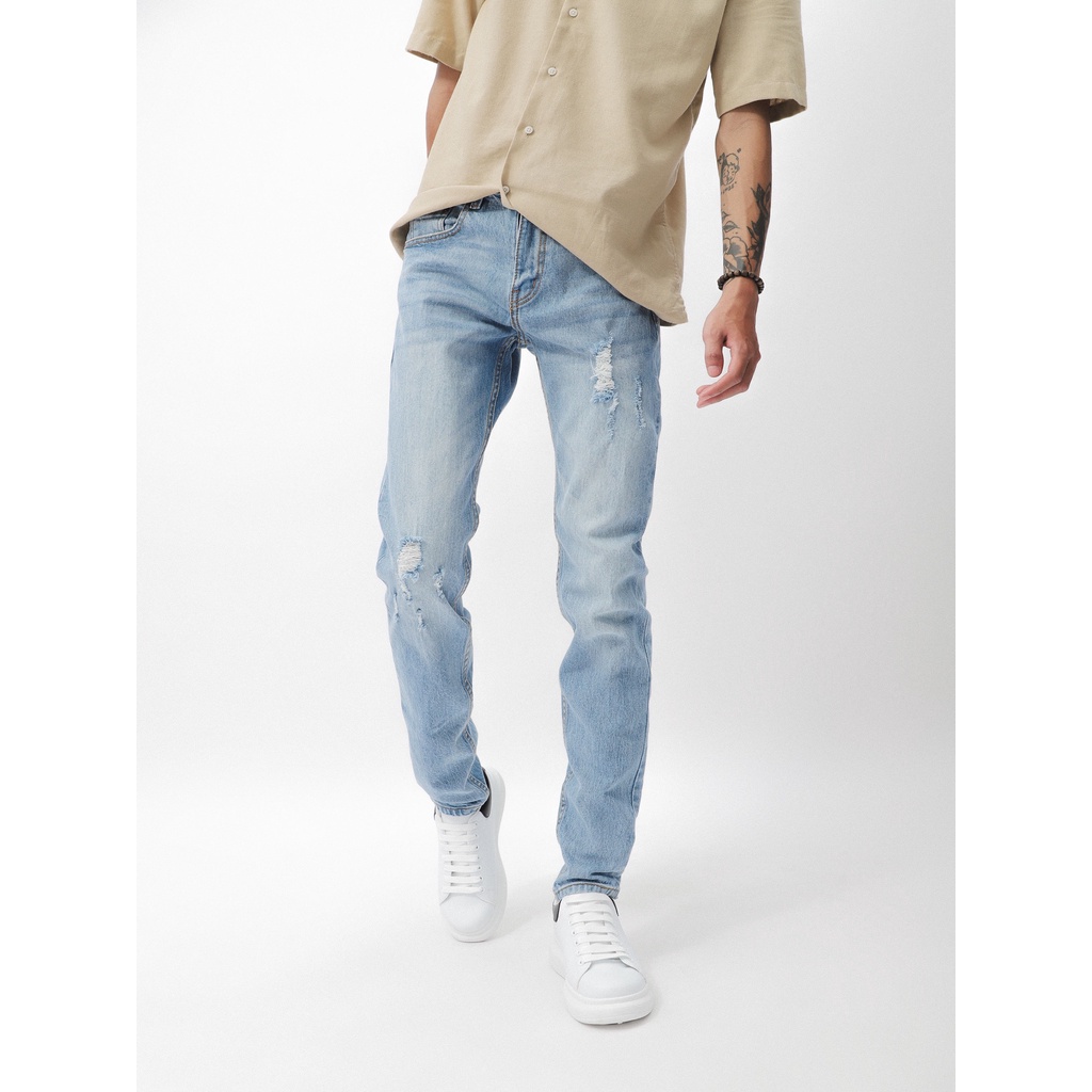 Quần jeans xanh nhạt wash rách DEFOXX form slimfit 220701 - Quần jean nam cao cấp | LA STORE MENSWEAR