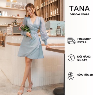 Đầm dự tiệc TANA D0467 đầm cổ tim tay dài xếp ly eo phù hợp mặc đi tiệc có màu Xanh và Trắng