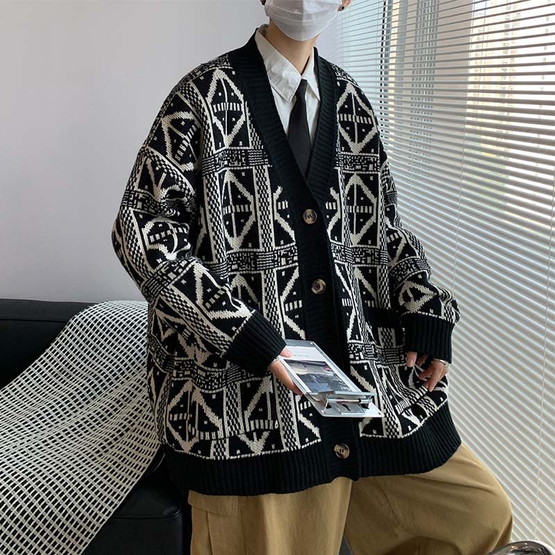 ✦ AFFLIGA ✦Áo khoác cardigan dệt kim dáng rộng màu đen kẻ sọc phong cách Hàn Quốc đơn giản retro cho nam