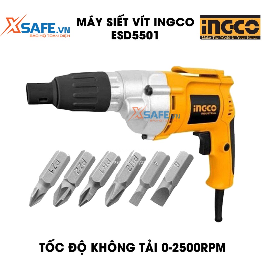 Máy bắn vít cầm tay 550W INGCO ESD5501 tốc độ 2500rpm, đầu gài lục giác 1/4&quot;, kèm 6 mũi siết vít máy vặn vít dùng điện