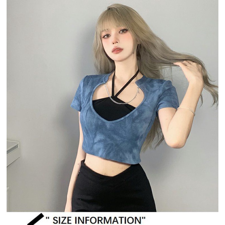 Set Áo Ngắn Tay Hai Dây Nhuộm Màu Xanh Dương + Quần Đùi Phối Dây Xích Thời Trang