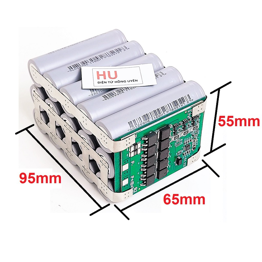 Bình acquy pin 12.6V-12AH-Xả 60A MAX. Khối pin 3S được đóng từ 15 cell Lishen Xám + Mạch bảo vệ sạc xả cân bằng 3S 40A