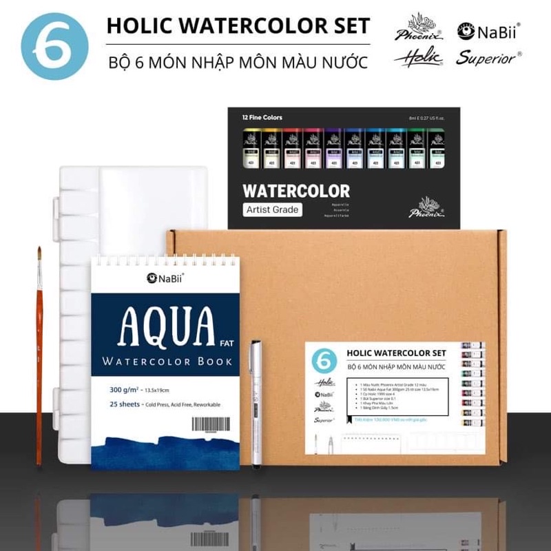 COMBO 6 MÓN NHẬP MÔN MÀU NƯỚC HOLIC WATWERCOLOR SET