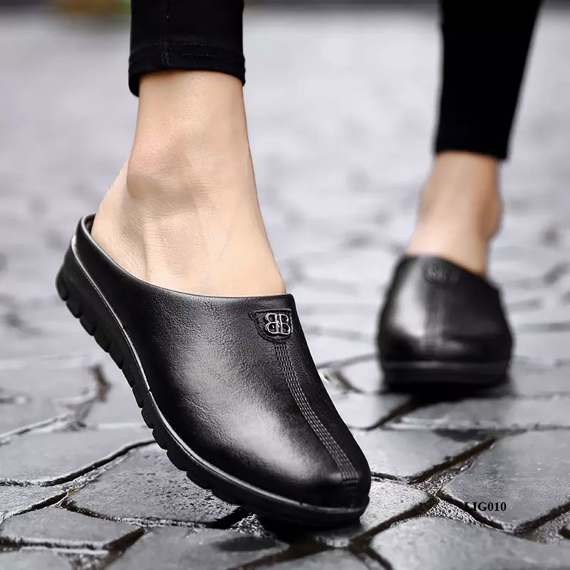 [Ảnh thật] Sục da nữ - giày lười hở gót phong cách Hàn Quốc, siêu êm, chống trơn trượt cho phụ nữ trung niên LIG010