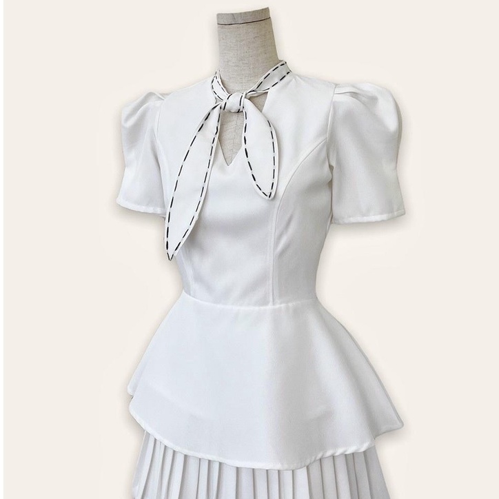 [Ảnh thật] Áo peplum cổ V chỉ nổi cột nơ cổ