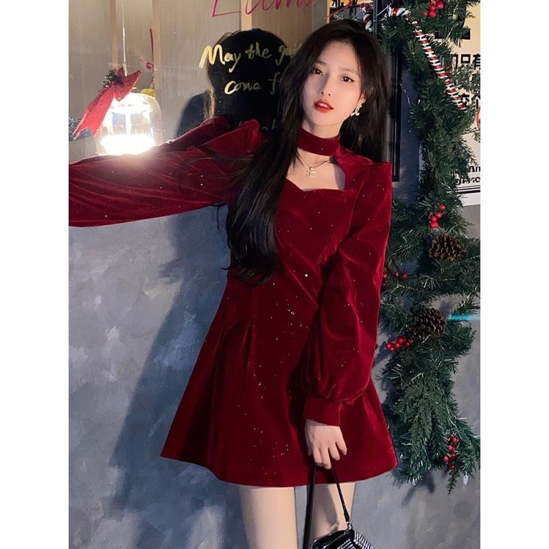 Váy nhung đính kim tuyến thanh lịch dự tiệc hoặc đi chơi tết hoặc noel