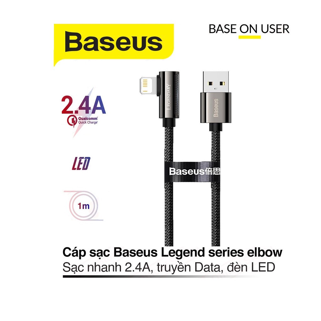 Cáp sạc nhanh 2.4A truyền dữ liệu Baseus Legend Series Elbow chân dây dù có đèn Led dài 1M cho ip