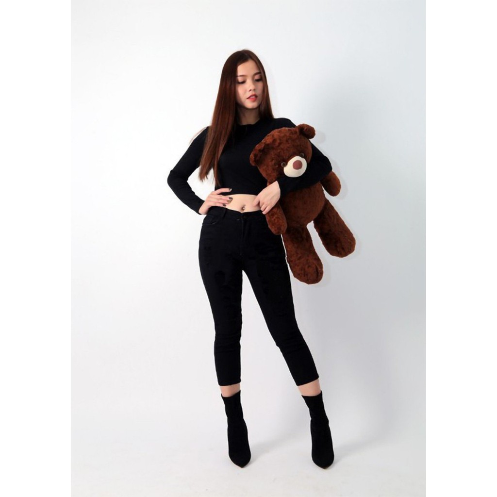 Quần jean nữ 9 tấc màu đen suông lai co giãn tốt