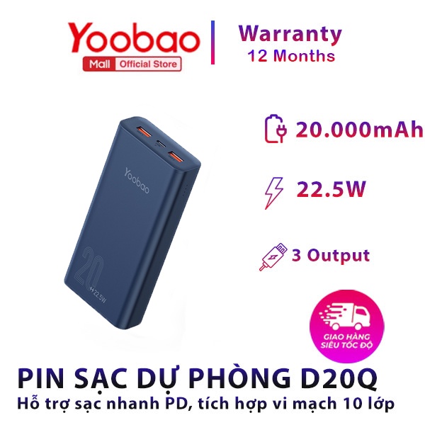 [SẠC NHANH] Pin sạc dự phòng 20000mAh D20Q Yoobao chính hãng - BẢO HÀNH 12 tháng