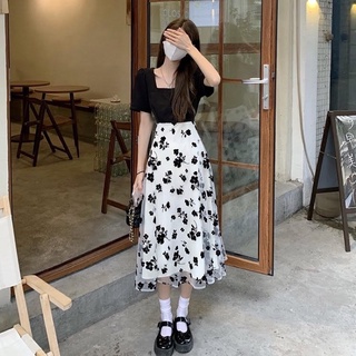 Đầm maxi đen phối hoa trắng big size bao xinh tay ngắn size 70-100kg