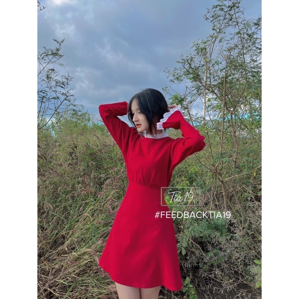 Váy đỏ nhung dài tay pha ren ulzzang Tia19 . Đầm đỏ Tết dáng xoè