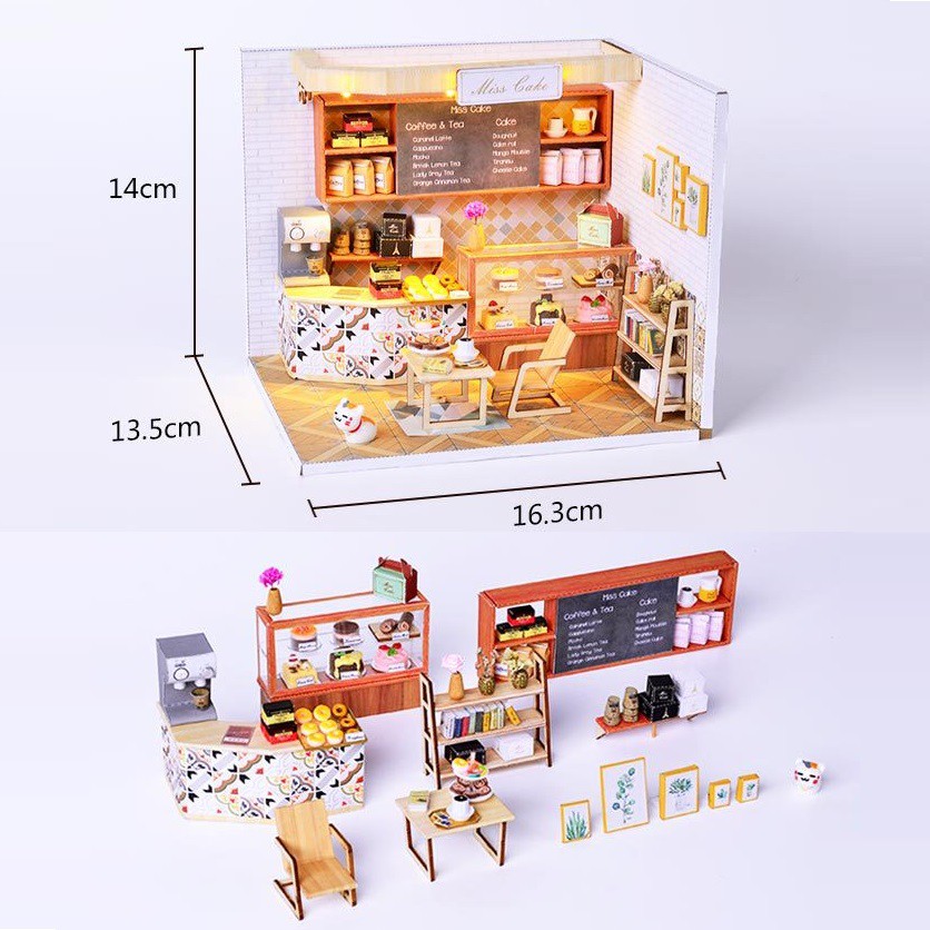 Mô hình nhà DIY Doll House Tiệm Bánh Ngọt Miss Cake Kèm Mica Chống bụi, Bộ dụng cụ và Keo dán