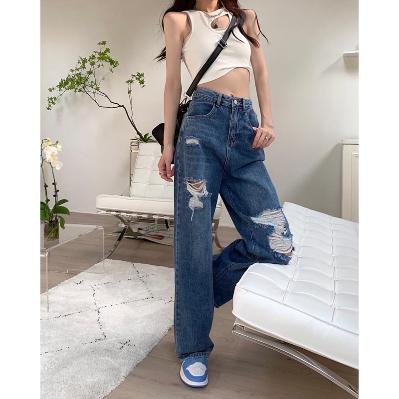 Quần jeans Nữ Lưng Cao Ống Rộng Rách Gối Thời Trang Hàn Quốc