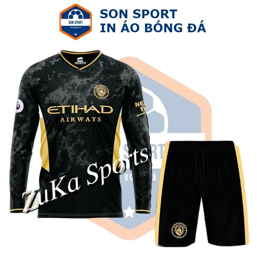 Bộ Quần Áo Bóng Đá Dài Tay CLB Manchester City Màu Đen Loang