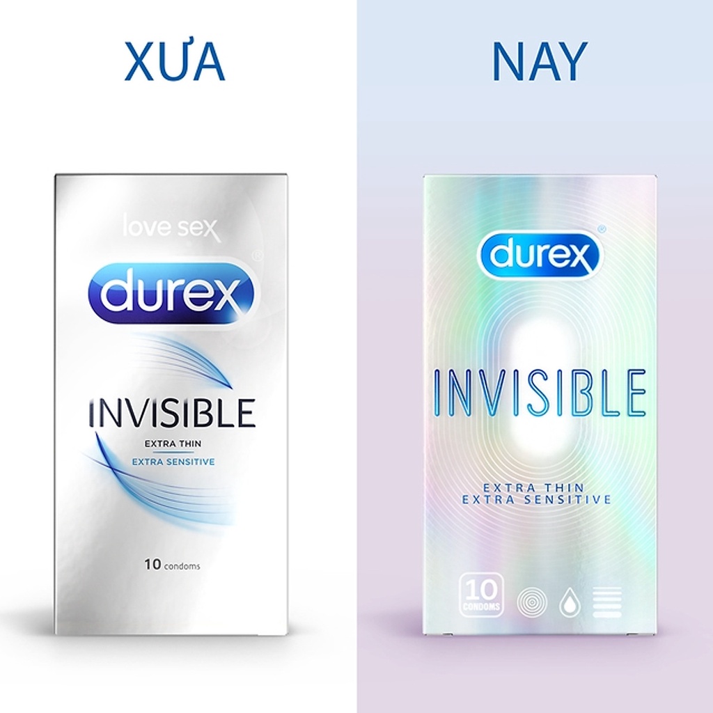 Bao cao su Durex Invisible Extra Thin Extra Sensitive 10 bao/hộp,Thiết kế Siêu mỏng vô hình 52mm tăng Cảm giác như thật