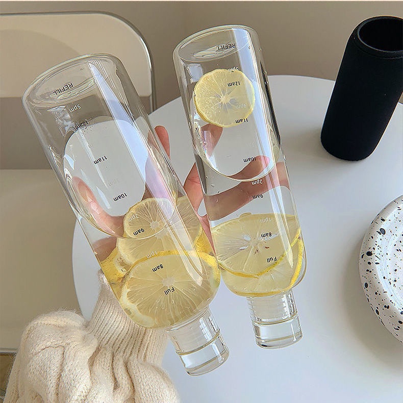 Bình đựng nước detox , nước ép, trà sữa trong suốt dung tích 750ml , chia vạch theo giờ cực tiện lợi