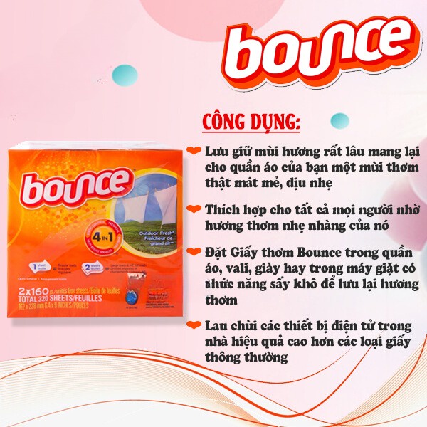 Giấy thơm quần áo bounce Mỹ công dụng 4 in1, lưu hương thơm lâu hơn