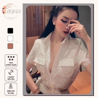 Áo sơ mi gấm kiểu tay ngắn phom suông họa tiết in nổi HIJUNE OSM04