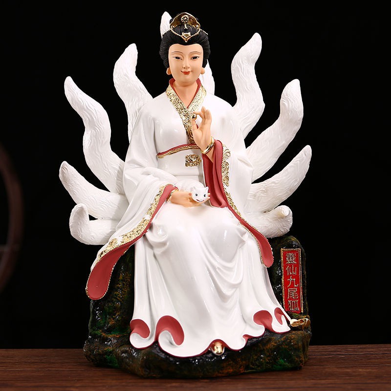 Cáo tiên nữ thần trang trí may mắn linh hồn chín đuôi trắng tuyển hoa đào hôn nhân hộ gia đình nhựa tượng phật