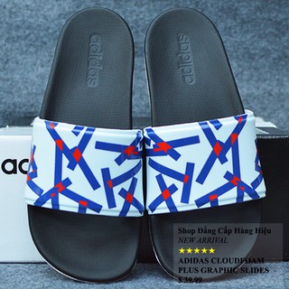 Dép Adidas Cloudfoam Plus Graphic màu đen quai trắng logo xanh dương đỏ