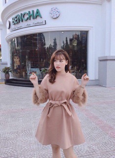 Váy dạ buộc eo tay lông 2 bên