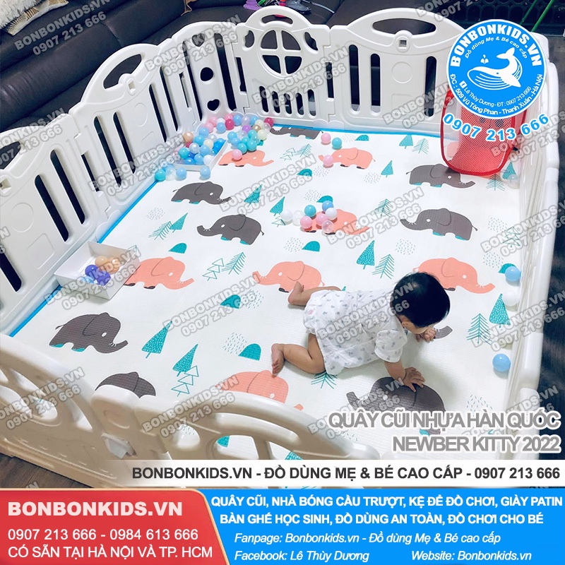 Quây em bé màu trắng bo góc kèm bóng rổ  - Quây cũi nhựa Hàn Quốc Newber Kitty cao cấp