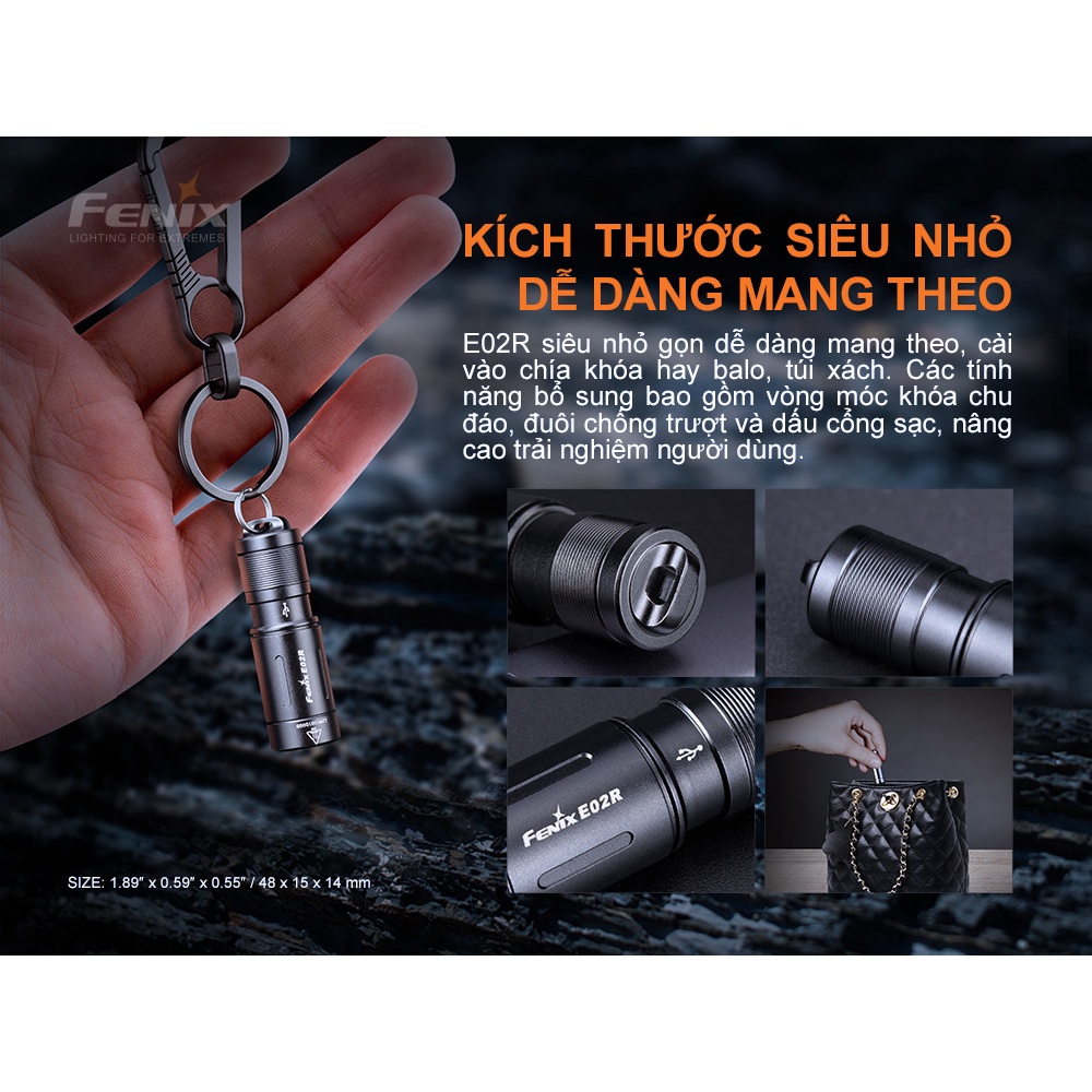 Đèn pin móc khóa FENIX E02R độ sáng 200 lumen chiếu xa 49m sạc Micro USB pin sạc 120mAh