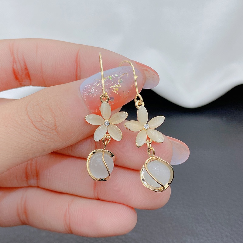 Bông Tai Dáng Dài Đính Đá Opal Hình Hoa Đơn Giản Thời Trang Cho Nữ PD802