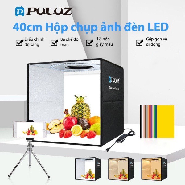 Hộp chụp ảnh sản phẩm 40x40 Puluz hộp chụp hình có đèn led 12 màu nền