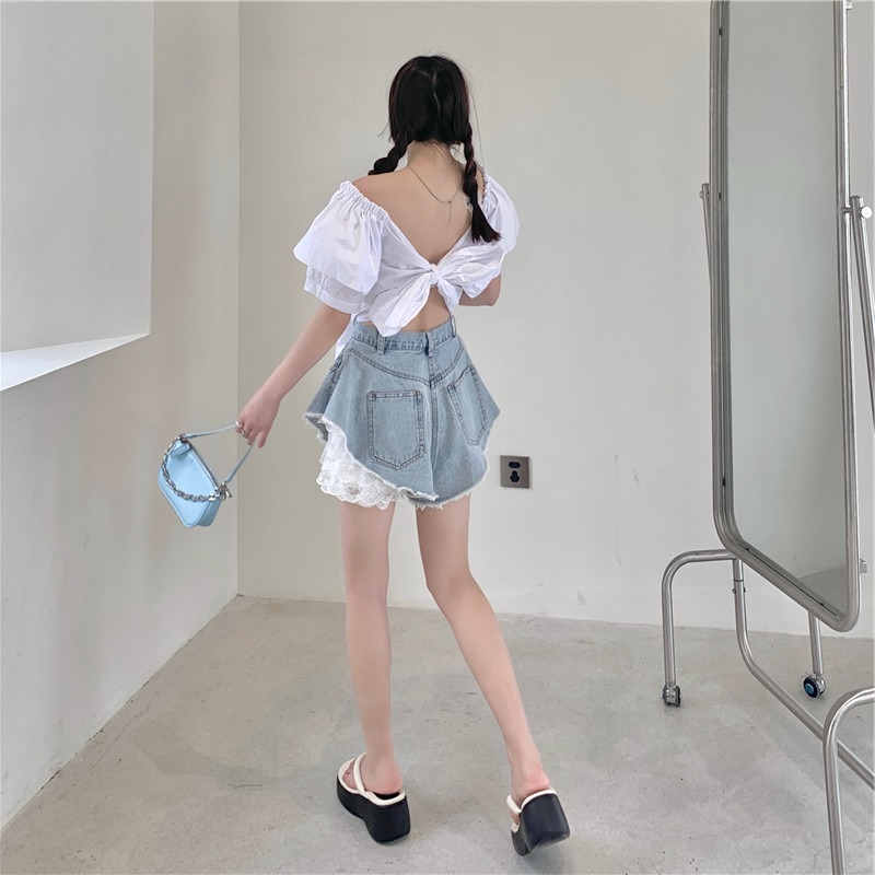Quần Short Denim Viền Ren Gợi Cảm Hợp Thời Trang