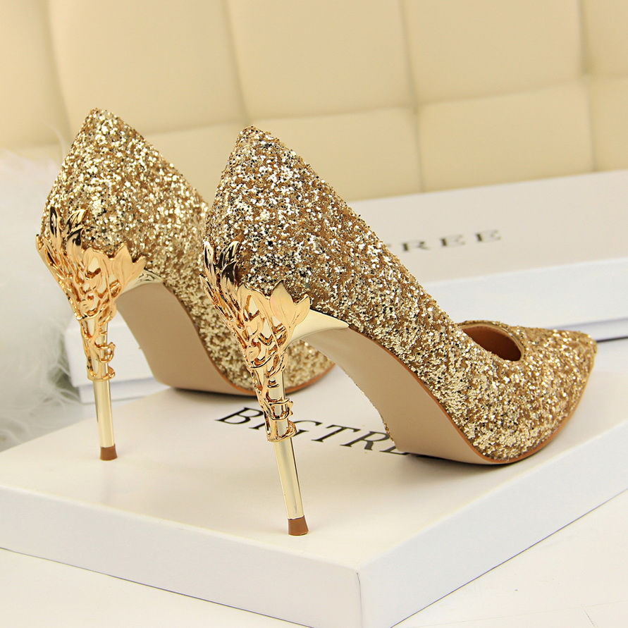 2021 New Crystal Sequined Bridal Wedding Shoes Silver High Heels Women's Stiletto Heel All-Match Pointed Dress Pumps