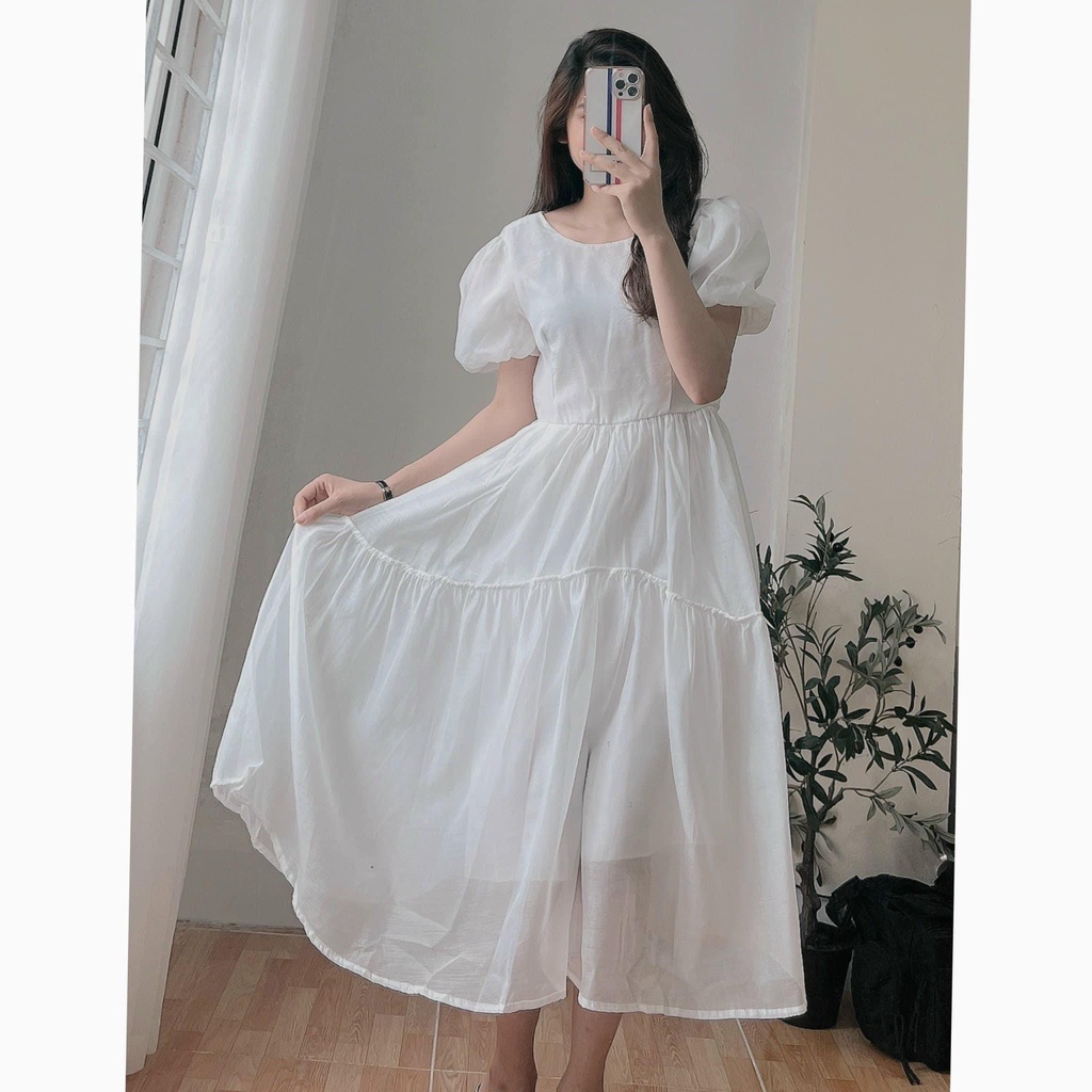 Đầm công chúa cộc tay váy trắng xanh voan tơ hai màu xinh nhẹ nhàng tiểu thư