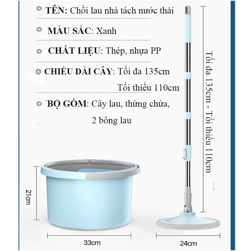 Chổi Lau Nhà Thông Minh Thế Hệ Mới Bàn Xoay 360 Độ Chổi Lau Nhà Tự Vắt Đa Năng Kèm 2 Bông Lau VTM6