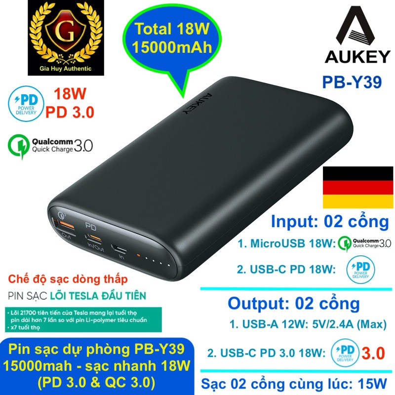 Pin sạc dự phòng AUKEY PB-Y39 15.000mAh PD 3.0/QC 3.0 18W