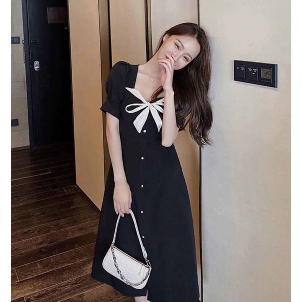 Đầm xòe đen tiểu thư phối nơ cổ