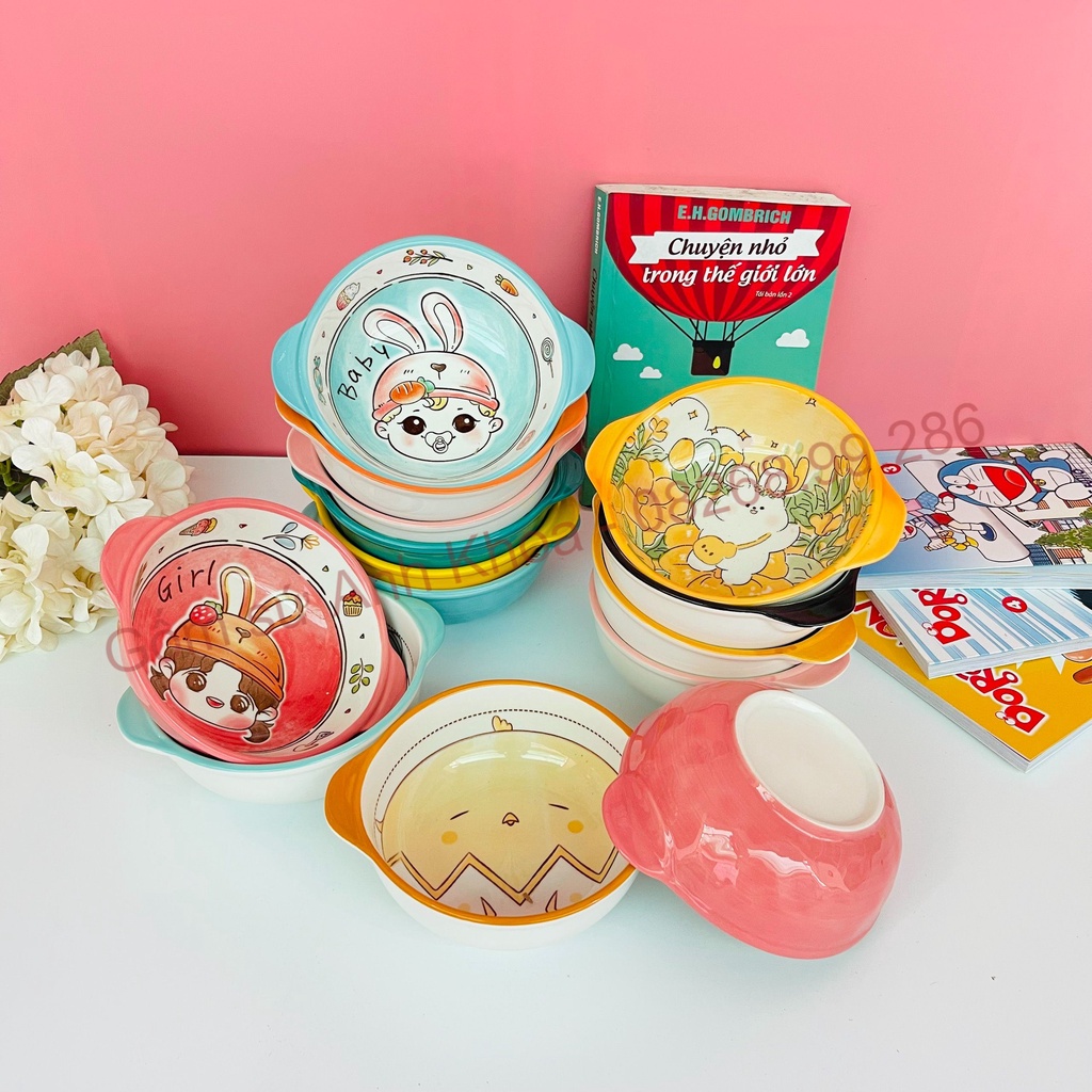 Bát ăn cơm gốm sứ 🌸 Con Trai & Con Gái🌸 bát sứ, ăn dặm có tay cầm decor dễ thương
