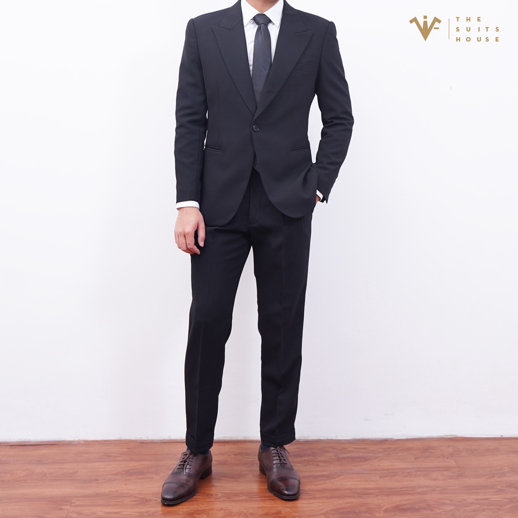 Bộ vest nam đen 1 khuy áo suits blazer quần âu crop gấu, form ôm, satorial, vải WOOL - The Suits House