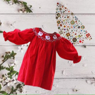 VÁY NOEL SMOCK NHUNG TĂM ĐỎ THÊU TAY THỦ CÔNG ÔNG GIÀ NOEL CHO BÉ PHONG CÁCH HOÀNG GIA ANH SIZE 5,6