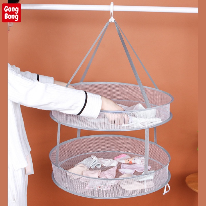 Giỏ lưới 2 tầng phơi đồ áo lót tất gấu bông chống gió bay thu gấp gọn được đa năng tiện dụng cho gia đình