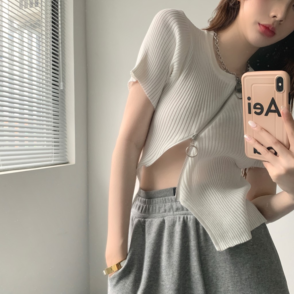 Áo dệt kim ngắn dáng ôm phối khóa kéo cá tính dễ phối đồ